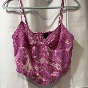 Wild Fable Pink Silky Marble Print Cropped Lace Cami Y2K Scarf V Top Large